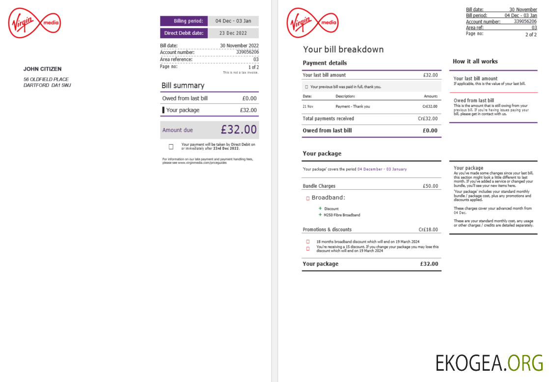 Royaume , Uni Virgi Media facture modèle Word et PDF, 2 pages